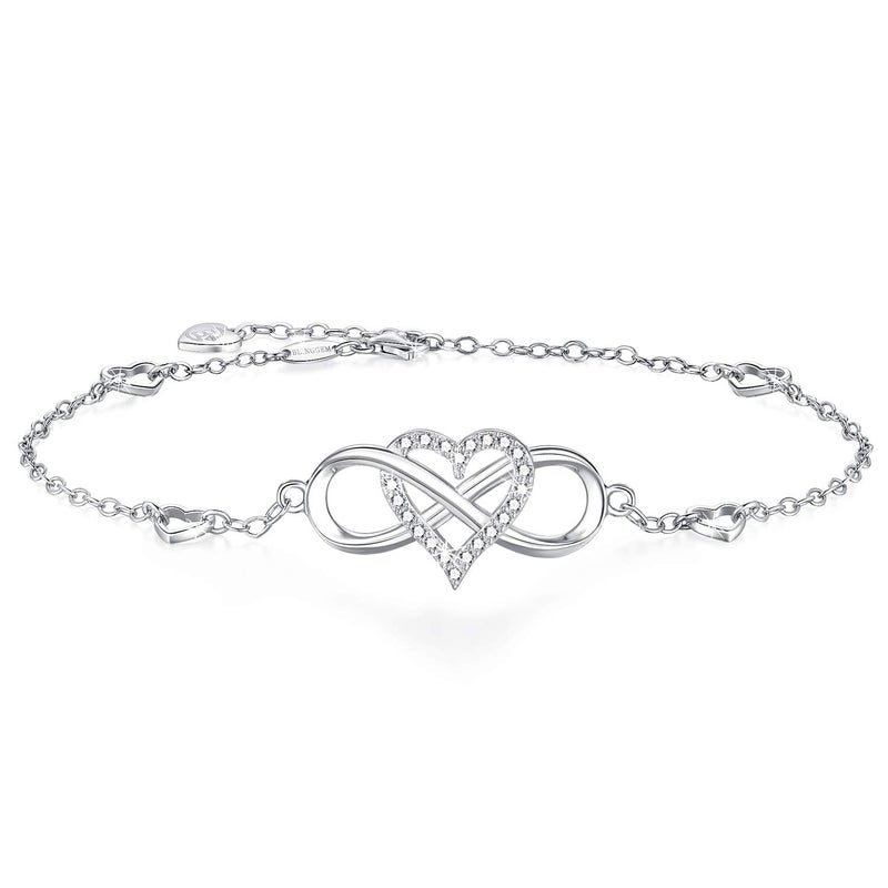 BlingGem سوار كاحل قلب لانهائي من بلينغ جيم للنساء مطلي بالذهب الأبيض عيار 18 من الفضة الاسترلينية 925 مع زركونيا مكعبة، قابل للتعديل، 10.8 بوصة - Image 1